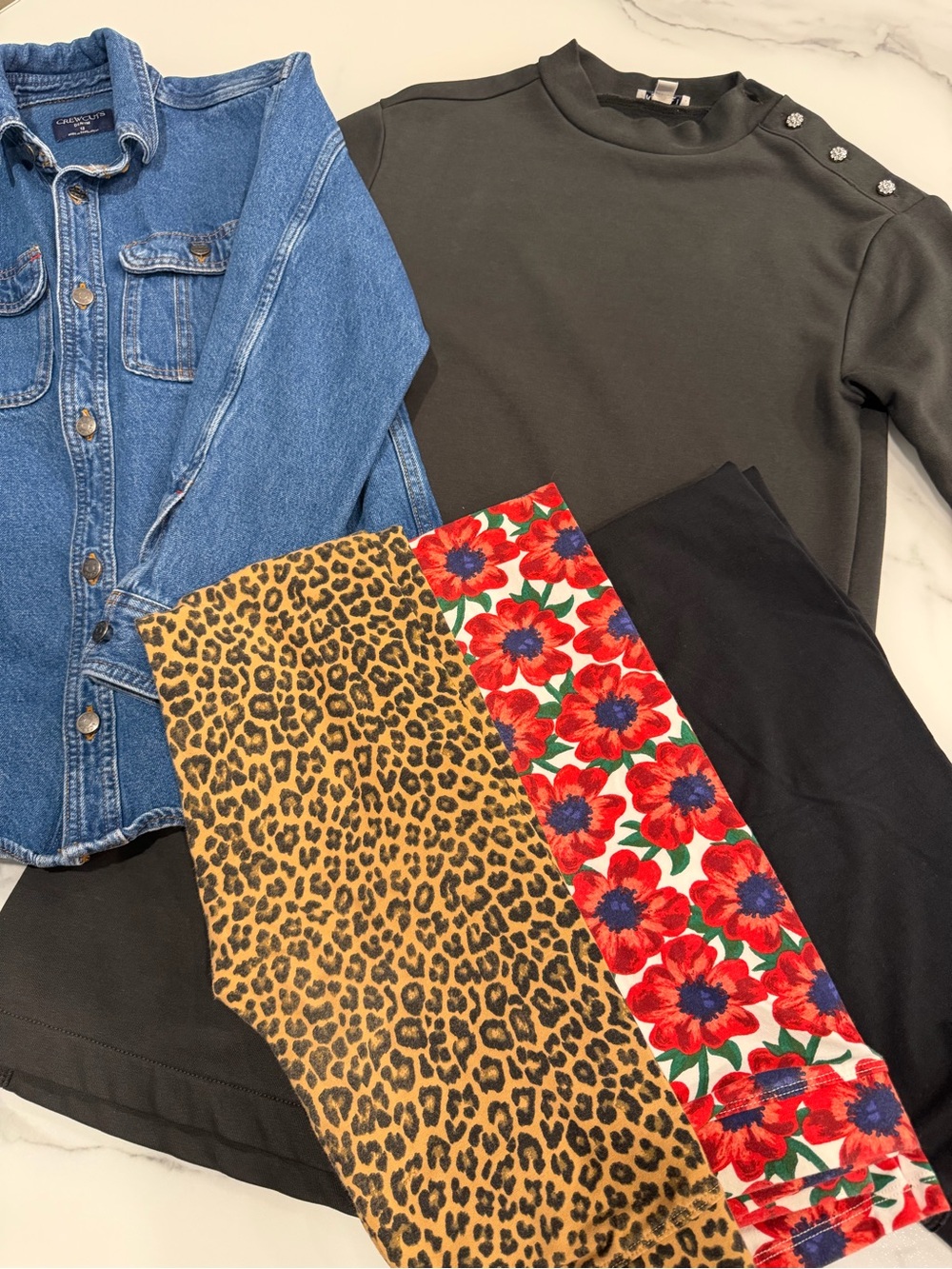 J. Crew Crewcuts Denim Shacket, Dress, Black, Leopard & Floral Leggings Size 12